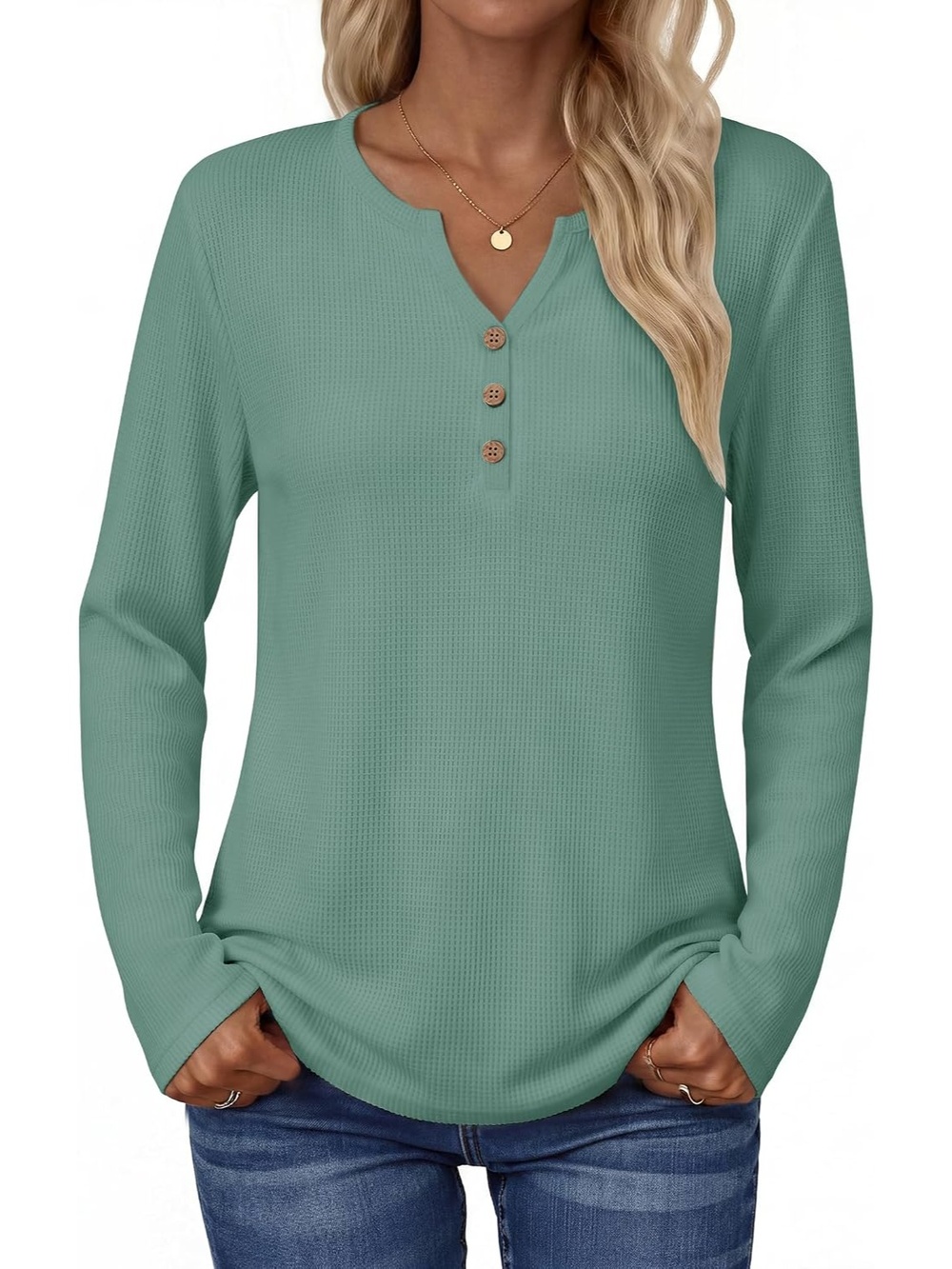 Women's Grayish Green Tees Button Long Sleeve V Neck Shirts Soft Waffle Knit Top